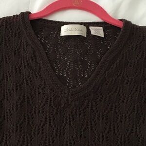 Studio Works Women's Brown V-Neck Sweater, crocheted  look.